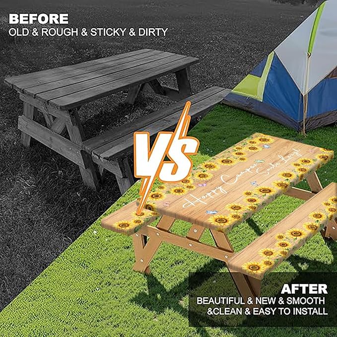 Sunflower Wood Picnic Table Cover with Bench Covers Elastic Edges | Floral Fitted Table Cover, 30x60 Inch 3PCS Outdoor Patio Camping Essentials, Waterproof Camping Fitted Tablecloth and Bag