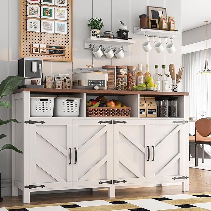 knoworld Buffet Sideboard with Storage Farmhouse with 4 Doors, 55'' Large Kitchen Storage Cabinet Wood Coffee Bar Cabinet Buffet Table with Shelves for Kitchen, Dining Room, Entryway