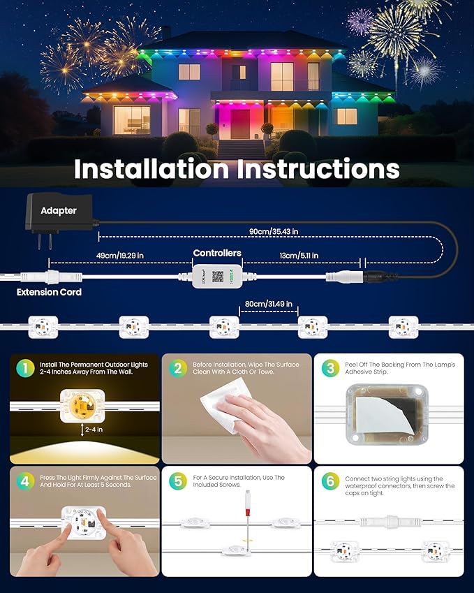 150FT Permanent Outdoor Lights for House, 24V RGB+IC Smart Outside Lights with 221 Modes, App & Remote Control, IP68 Waterproof, Year-Round Roof & Eaves Lighting for Christmas, Holidays (150FT)