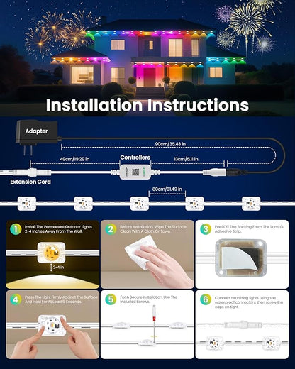 150FT Permanent Outdoor Lights for House, 24V RGB+IC Smart Outside Lights with 221 Modes, App & Remote Control, IP68 Waterproof, Year-Round Roof & Eaves Lighting for Christmas, Holidays (150FT)