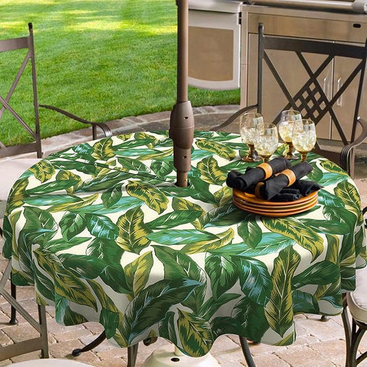 Outdoor/Indoor Round Tablecloth with Umbrella Hole Zipper, Decorative Circular Table Cover for Home Garden, 60 Inch, Lush Leaf Jungle