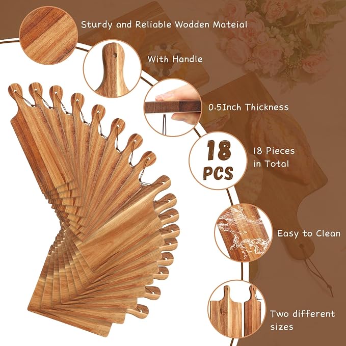 18 Pcs Acacia Wood Cutting Board Set with Handle, Bulk Chopping | Large Serving Boards for Charcuterie, Engraving Ready, 16x10 & 16x5 Inch, Wedding Housewarming Gifts, Natural Acacia Wood