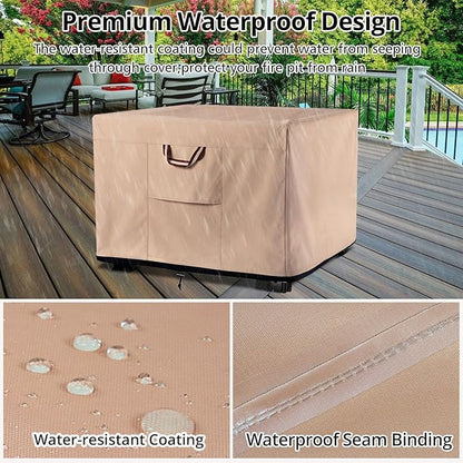 QH.HOME Fire Pit Cover Square 29-32 Inch Heavy Duty 900D Strong Tear-Resistant and Waterproof and Fading Resistant Material Polyester UV Resistant Firepit Covers for Outdoor Fire Table-Wheat