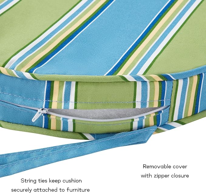 Set of 2 Outdoor 18 inch Round Patio Dining Chair Pads – Comfortable Fiber-Filled Seat Cushions with Ties, Reversible Polyester Fabric - Cayman Stripe