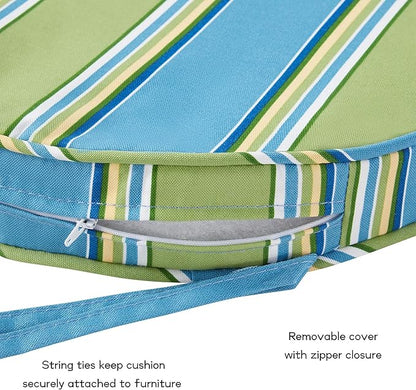 Set of 2 Outdoor 18 inch Round Patio Dining Chair Pads – Comfortable Fiber-Filled Seat Cushions with Ties, Reversible Polyester Fabric - Cayman Stripe
