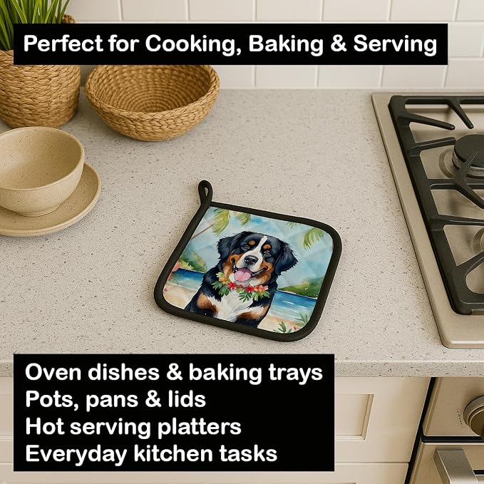 Caroline's Treasures Bernese Mountain Dog Luau Pair of Pot Holders Kitchen Heat Resistant Pot Holders Sets Oven Hot Pads for Cooking Baking BBQ, 7 1/2 x 7 1/2