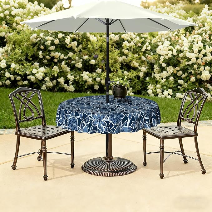 LVTXIII Round Outdoor Tablecloth with Umbrella Hole and Zipper, Water-Repellent 60 Inch Patio Table Cover for Bistro, Garden, Patio & Picnic, Flower Navy
