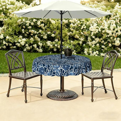 LVTXIII Round Outdoor Tablecloth with Umbrella Hole and Zipper, Water-Repellent 60 Inch Patio Table Cover for Bistro, Garden, Patio & Picnic, Flower Navy
