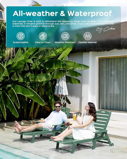 Ciokea Outdoor Chaise Lounge Chair Set of 2, Patio Lounge Chairs for Outside, HDPE Lounge Chair with Wheels & Cup Holder, Poly Chair with 5 Position for Poolside, Deck, Green