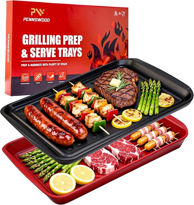 Grill Prep Trays Set of 2, Grill Tray for BBQ Meat Prep, Marinating & Serving, Large Melamine Grilling Prep and Serve Trays with Deep Raised Edges, Outdoor Grill Serving Tray, BPA Free
