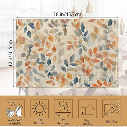 Placemats Set of 6,Autumn Leaves Table Mats,Fall Colorful Washable Linen Table Mats,Non-Slip Heat Resistant Placemats for Party Kitchen Dining Indoor Outdoor 12"x18"