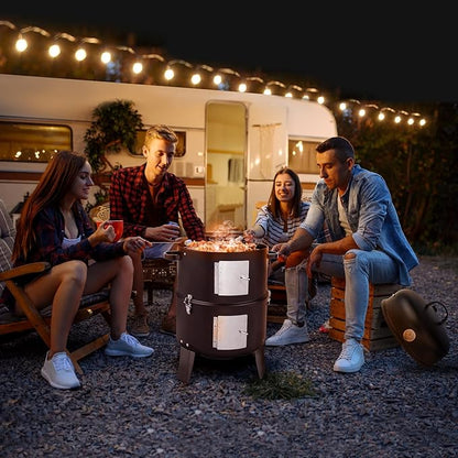 32" Portable Steel Barrel Charcoal Grill,Metal Outdoor Barbecue Smoker,Heavy Duty Outdoor BBQ Grill,Vertical Camping Barbecue Grill,with Thermometer,for Garden Patio Beach Backyard (Black)