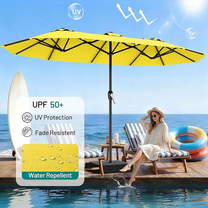 AreShark 15ft Patio Umbrella with Base, Double Sided Outdoor Umbrella with 12 Fiberglass Ribs, Large Outdoor Umbrella for Garden, Pool, Deck, Backyard & Market, Yellow