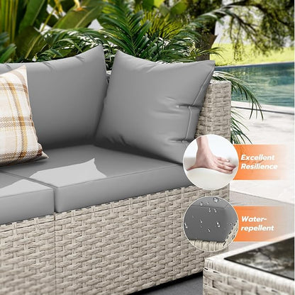 UDPATIO Patio Furniture Set with Fire Pit Table, 8 Pcs Outdoor Sectional Sofa, PE Wicker Patio Conversation Set for Garden, Backyard (Grey Cushions with Light Grey Rattan)