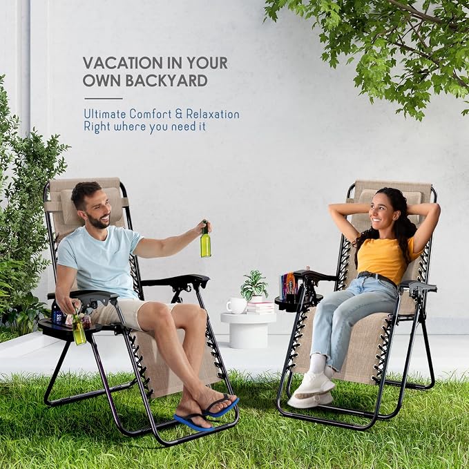 Nestl Zero Gravity Chairs Set of 6, Patio Lounge Chair Outdoor with Pillows & Cup Holder Trays, Adjustable Steel Mesh Reclining Camping Chair, Folding Patio Lawn Chair for Deck, Beach, Yard - Beige