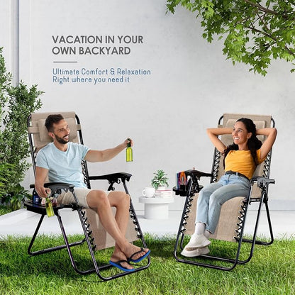 Nestl Zero Gravity Chairs Set of 6, Patio Lounge Chair Outdoor with Pillows & Cup Holder Trays, Adjustable Steel Mesh Reclining Camping Chair, Folding Patio Lawn Chair for Deck, Beach, Yard - Beige