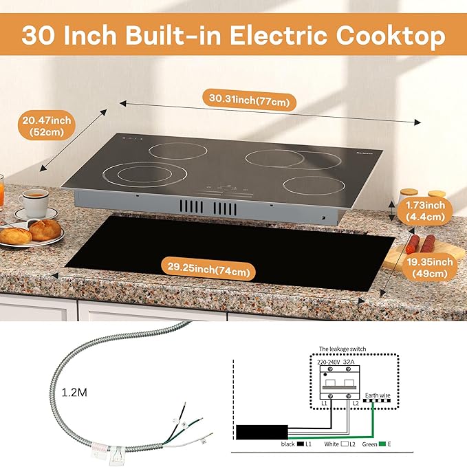 30 Inch Electric Cooktop, 4 Burner Electric Stove with Double Ring Burner & Extended Zone, 6600W Electrics Cooktop 220V-240V, 9 Power Levels, Slide Control, Safety Lock, Timer