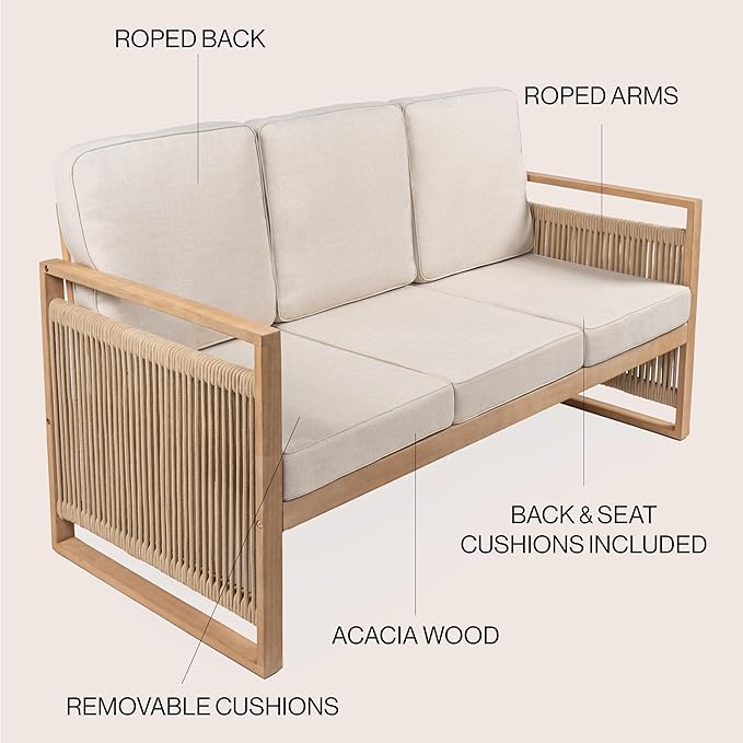JONATHAN Y Gable Acacia Wood and Woven Rope 63" Outdoor Sofa, 3-Seater Patio Bench with Weather-Resistant Beige Cushions for Backyard and Porch, Bohemian Style, Light Teak Finish SFB1002A