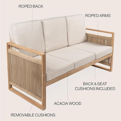 JONATHAN Y Gable Acacia Wood and Woven Rope 63" Outdoor Sofa, 3-Seater Patio Bench with Weather-Resistant Beige Cushions for Backyard and Porch, Bohemian Style, Light Teak Finish SFB1002A