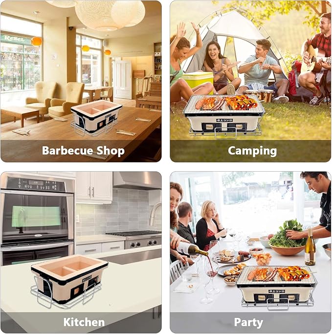 BBQ Charcoal Grill, Japanese Ceramic Clay BBQ Hibachi Grill Portable Yakitori Stove with Food Tongs for Camping, Outdoor, Indoor, Beige