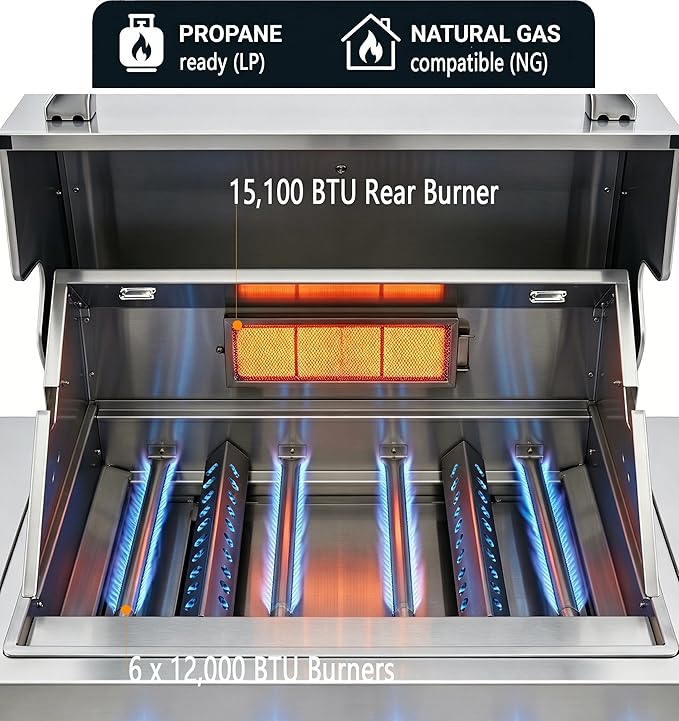 6 Burner Built In Gas Grill Island Head, Stainless Steel 39 Inch Propane Grill with Rear Burner, 72,000 BTUs, 684 SQ In Racks with Dual Fuel Compatibility