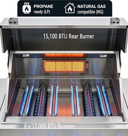 6 Burner Built In Gas Grill Island Head, Stainless Steel 39 Inch Propane Grill with Rear Burner, 72,000 BTUs, 684 SQ In Racks with Dual Fuel Compatibility