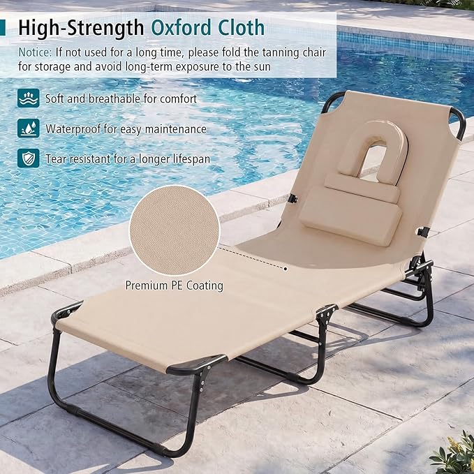 GYMAX Tanning Chair, Folding Lounge Chairs with Face Hole & Cover, Removable Pillow Carry Handle, Portable Compact Outdoor Layout Recliner for Beach, Poolside, Lawn, Patio, Camping (Sand,2)