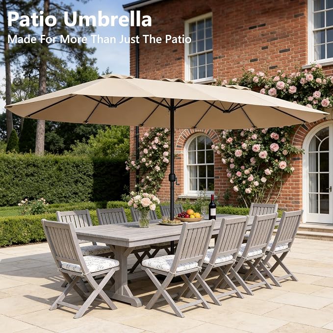 15FT Patio Umbrella, Double-Sided Outdoor Umbrella with base included, Large Standing Umbrella with Crank Handle & Ventilation, Rectangular patio umbrella for Pool, Backyard, Deck, Lawn & Beach