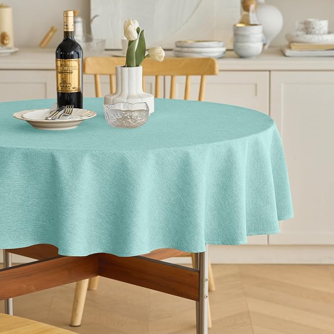 Decorelia Waterproof Round Linen Texture Tablecloth 60 inch, Decorative Farmhouse Tablecloths Anti-Scratch Table Cover for Holiday, Banquet, Dining& Kitchen Table (60 Inch, Round (2-4 Seats), Aqua)
