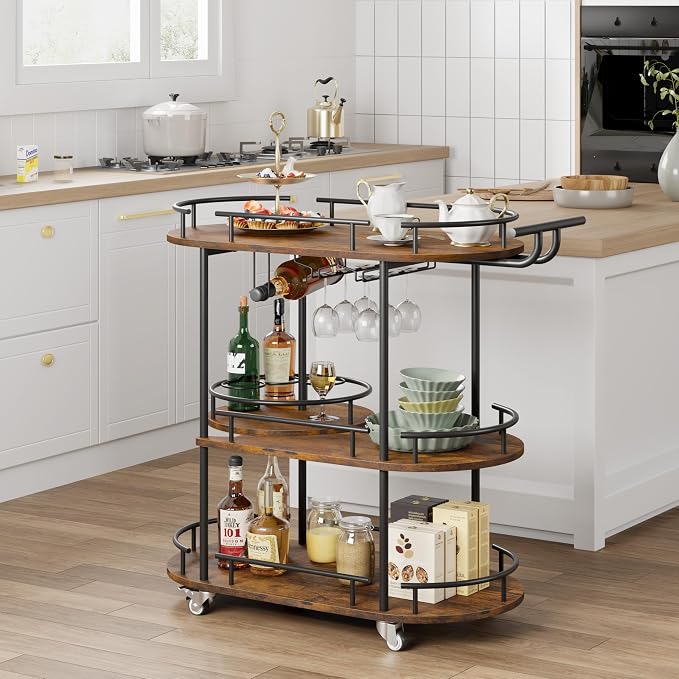 Garvee Bar Serving Cart with Wine Rack and Glass Holder, 3-Tier Rolling Serving Cart with 4 Wheels, Small Serving Table for Living Room, Kitchen, Dining Room, Black+Retro Brown