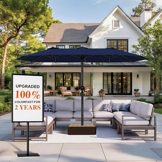 GDPFN 15FT Large Patio Umbrella, Outdoor Deck Standing Umbrella with Crank Handle, Double-Side Rectangular Pool Umbrella for Outside, Market, Patio, Navy Blue (Base Not Include)