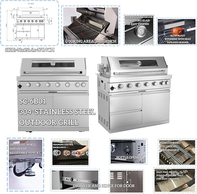 96-Inch 6-Burner Propane Gas Outdoor Grill Island, 85000 BTU Stainless Steel BBQ with Refrigerator, Sink, Granite Countertops, For Backyard BBQ, Silver