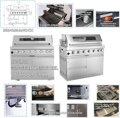 96-Inch 6-Burner Propane Gas Outdoor Grill Island, 85000 BTU Stainless Steel BBQ with Refrigerator, Sink, Granite Countertops, For Backyard BBQ, Silver