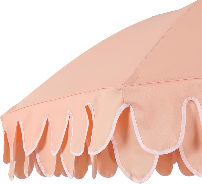 JONATHAN Y Horizon 6.5 ft. Scalloped Fringe Beach Umbrella, Coral Pink | UV 50 Sun Protection, Push Button Tilt, Matching Carry Bag, Wood Finish Iron Pole, Wind Vent, 8 Fiberglass Ribs, Pointed End