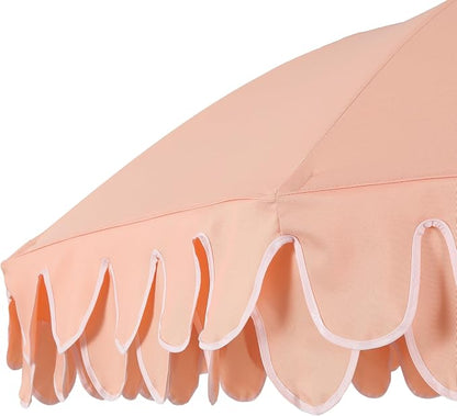 JONATHAN Y Horizon 6.5 ft. Scalloped Fringe Beach Umbrella, Coral Pink | UV 50 Sun Protection, Push Button Tilt, Matching Carry Bag, Wood Finish Iron Pole, Wind Vent, 8 Fiberglass Ribs, Pointed End