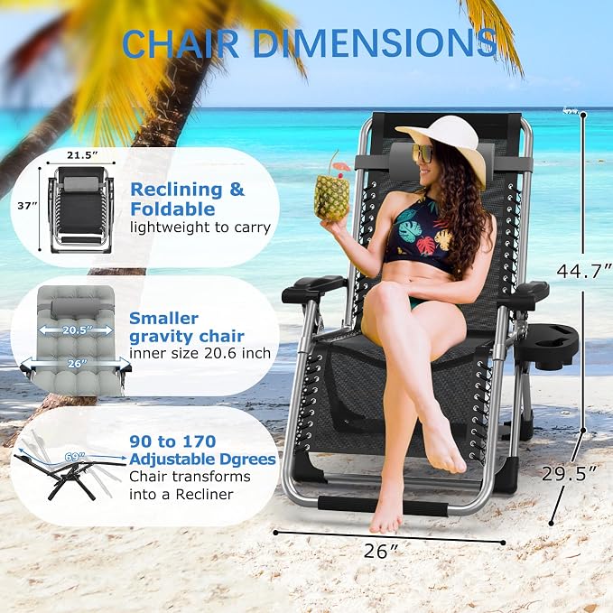 Slendor Zero Gravity Chair, Recliner Lounge Chairs with Cushion,Gray | Reclining Lounge Chair, Folding Anti Gravity Chairs w/Upgraded Lock, Removable Upgraded&Headrest, 440lbs, for Indoor Outdoor