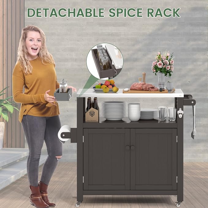 Weatherproof HIPS Outdoor Kitchen Island with Stainless Steel Top & Storage Cabinet, Movable Prep Table with Wheels for BBQ Food Prep, Outdoor Grill Cart for Parties, Cocoa Brown