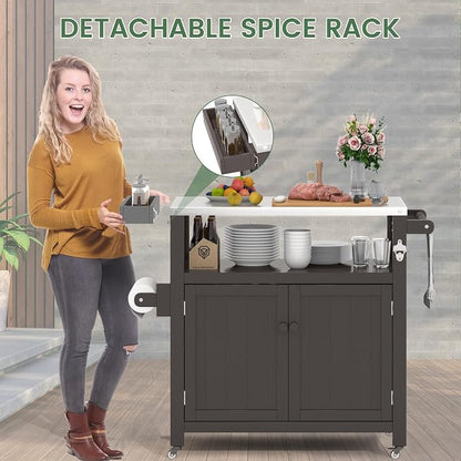 Weatherproof HIPS Outdoor Kitchen Island with Stainless Steel Top & Storage Cabinet, Movable Prep Table with Wheels for BBQ Food Prep, Outdoor Grill Cart for Parties, Cocoa Brown