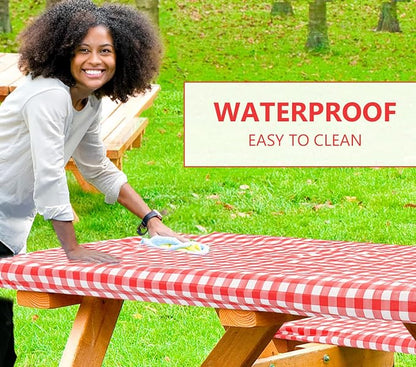 LINPRO 8ft Picnic Table Cover with Bench Covers Vinyl Fitted Picnic Table Covers with Elastic Camping Essentials and Picnic Tablecloth and RV Accessories