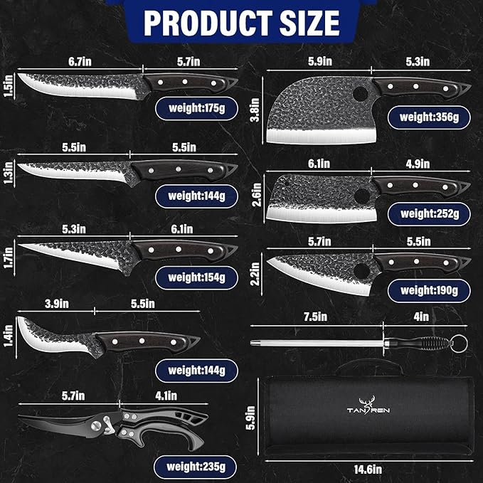 TAN REN 7PCS BBQ Knife Set, Professional Butcher Knives for Meat Cutting, Hand Forged Serbian Chef Knife, Viking, Boning, Skinning Knives & Poultry Shears, Idea Gift for Men Kitchen Outdoor Cooking