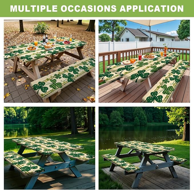 ANNA QUEEN St. Patrick’s Day Clover 6FT Picnic Table Cover with Bench Covers Set of 3 with Drawstring Bag, Green Clover 72"x30" Waterproof Picnic Tablecloth & Bench Covers for Outdoor Dining