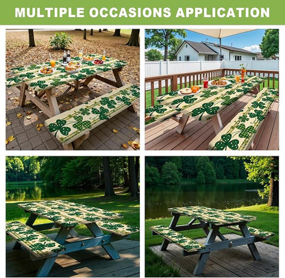 ANNA QUEEN St. Patrick’s Day Clover 6FT Picnic Table Cover with Bench Covers Set of 3 with Drawstring Bag, Green Clover 72"x30" Waterproof Picnic Tablecloth & Bench Covers for Outdoor Dining
