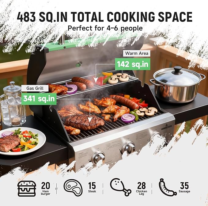 Redlife 3 Burner Propane Gas Grill, 30,000 BTU Outdoor BBQ Grill with Cast Iron Cooking Grates, Stainless Steel Warming Rack, Built-in Thermometer, Side Shelves, Removable Grease Tray, Green