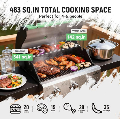 Redlife 3 Burner Propane Gas Grill, 30,000 BTU Outdoor BBQ Grill with Cast Iron Cooking Grates, Stainless Steel Warming Rack, Built-in Thermometer, Side Shelves, Removable Grease Tray, Green