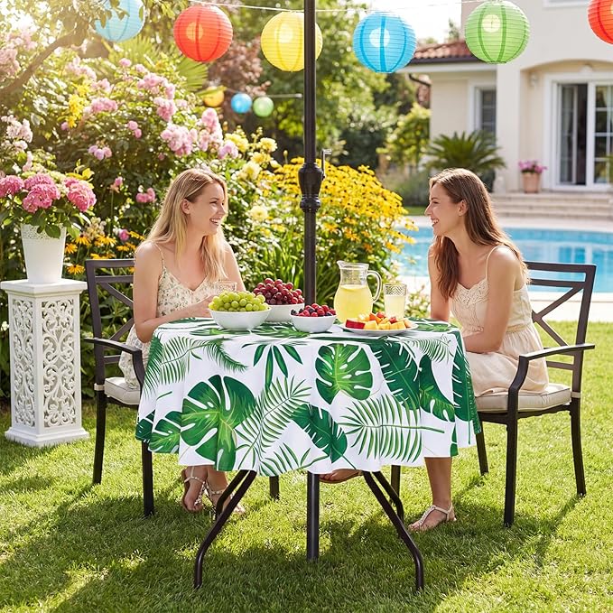 SquarePie 60 Inch Round Outdoor Tablecloth with Umbrella Hole and Zipper Waterproof Washable Patio Table Cloth Cover for Picnic BBQ Garden Party Poolside Backyard, Tropical Palm Leaf