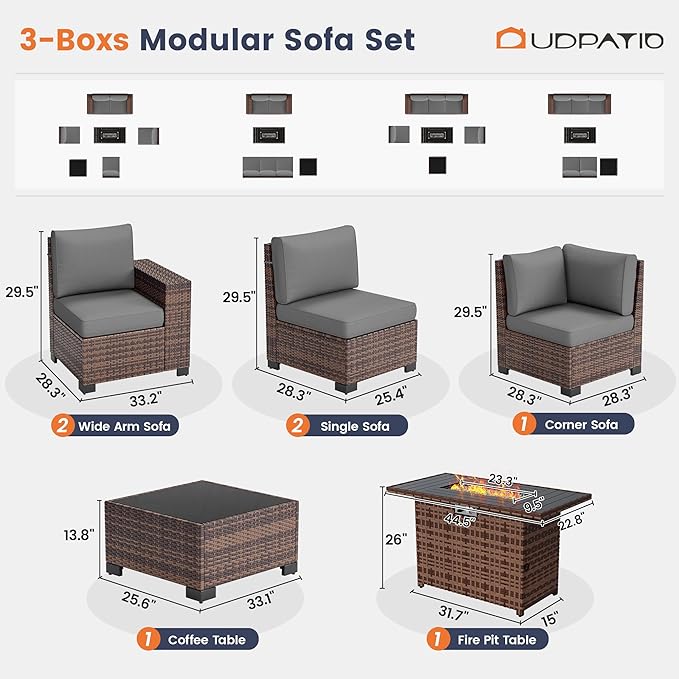 UDPATIO Patio Furniture Set with Fire Pit Table, 8 Inch Armrest 7 Piece Outdoor Sectional Sofas, All-Weather Wicker Conversation for Garden, Backyard, Brown/Dark Grey