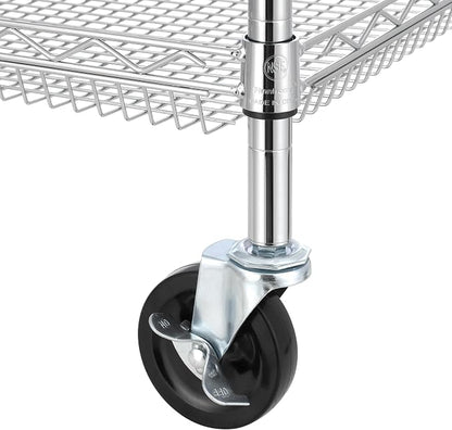 Finnhomy 4 Tier Heavy Duty Commercial Grade Rolling Cart with Handle Bar, Metal Wire Utility Cart with Wheels, Kitchen Service Trolley on Wheels, Shelf Size 18" D x 36" W, NSF, Chrome