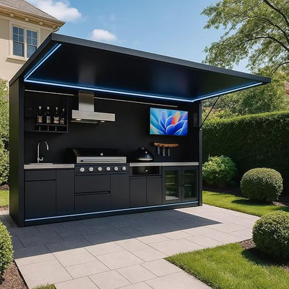 Outdoor Kitchen Pod for Patio Living Space | Modular Grill Island with Sink, Gas Burner, Fridge, Drawers & Pergola – Ideal for House Home Entertainment & Summer Party