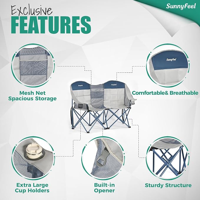 SUNNYFEEL Double Camping Chair Oversized Loveseat for Adults | 600LBS Heavy Duty Padded Camping Couch with Cup Holder, Storage Pockets & Carry Bag for Patio RV/ Lawn/ Backyard
