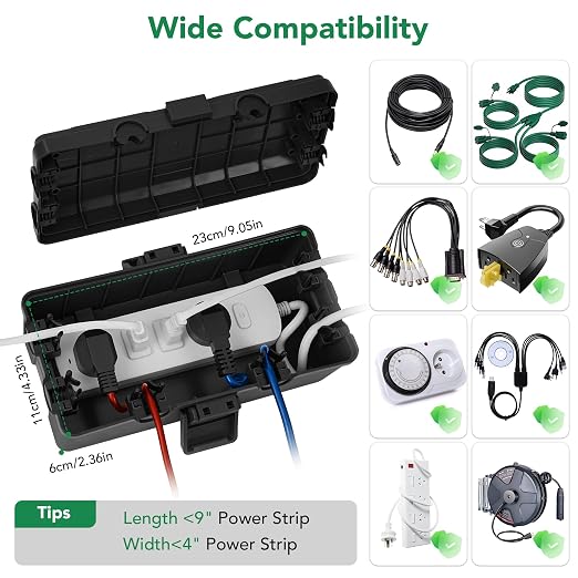 Medium Outdoor Electrical Box(10.4x6x4.2inch), IP54 Waterproof, Weatherproof Connection Box w/6 Cable Entry Ports, Extension Cord Cover Protect Power Strip, String Lights, Timer, Plug, Black